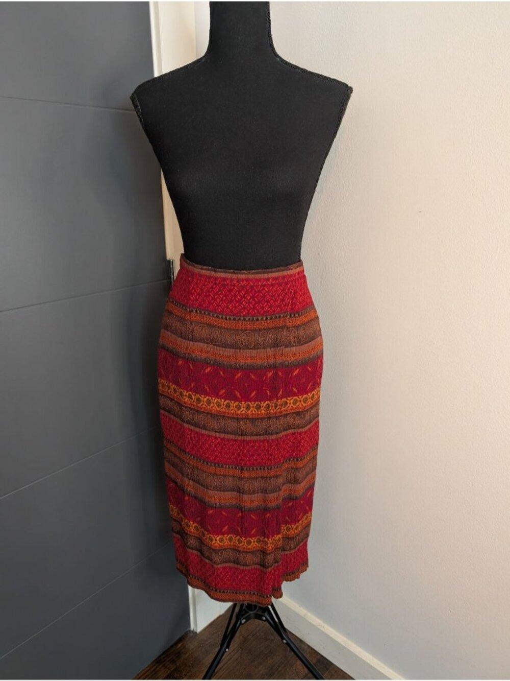 Vintage 90's Stonebridge Womens Red & Brown Printed Stripe Midi Skirt Size 4P